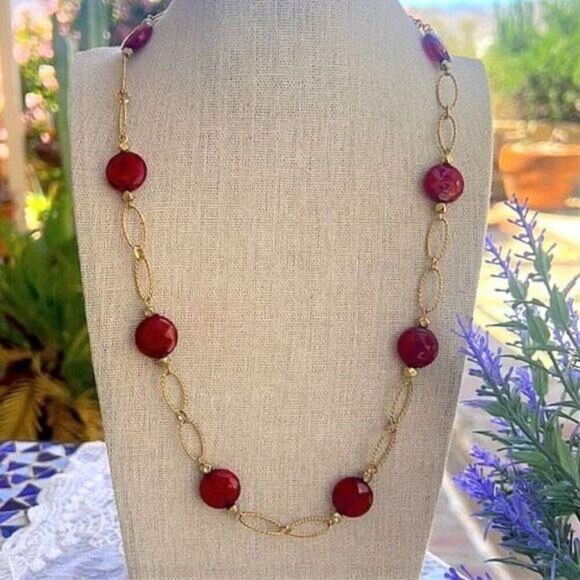 Red & Gold Bead Link Chain Necklace - Picture 1 of 8